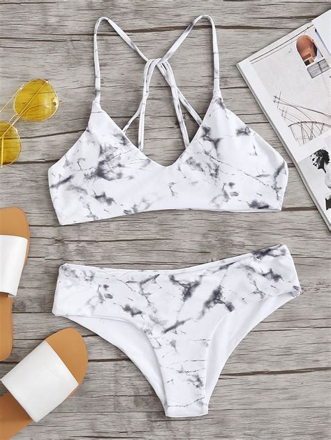 Marble Print Bikini Set SheIn Sheinside Cute Swimsuits Cute