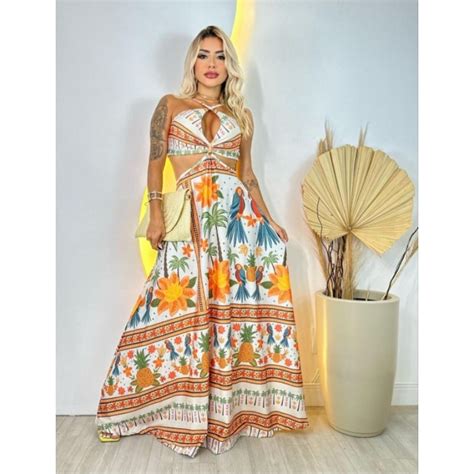 Vestido Longo Inspiração Farm - Vestido longo inspiração Farm luxo tendência 2024 | Shopee Brasil