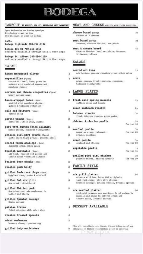 Menu Of Bodega Ellerslie In Edmonton Ab T W A