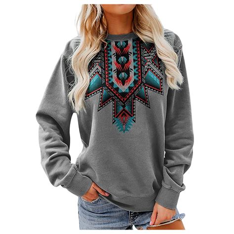 Jsaierl Crew Neck Sweatshirt For Women Aztec Graphic Long Sleeve