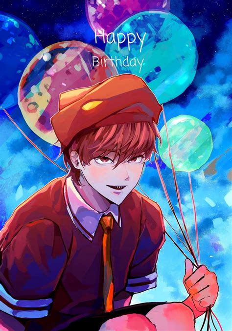 An Anime Character Holding Balloons With The Words Happy Birthday On It