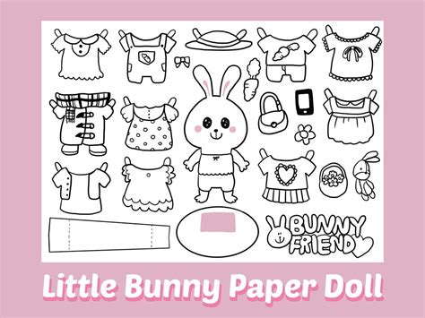 Cute Bunny Printable Paper Dolldigital Downloadcoloring Paper Doll