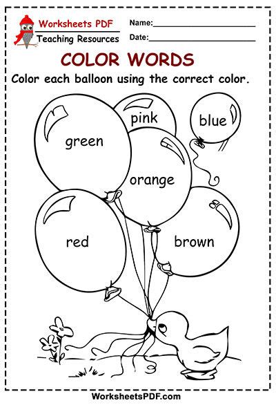 Color Each Balloon Color Words Color Worksheets Color Word Activities Color Worksheets For