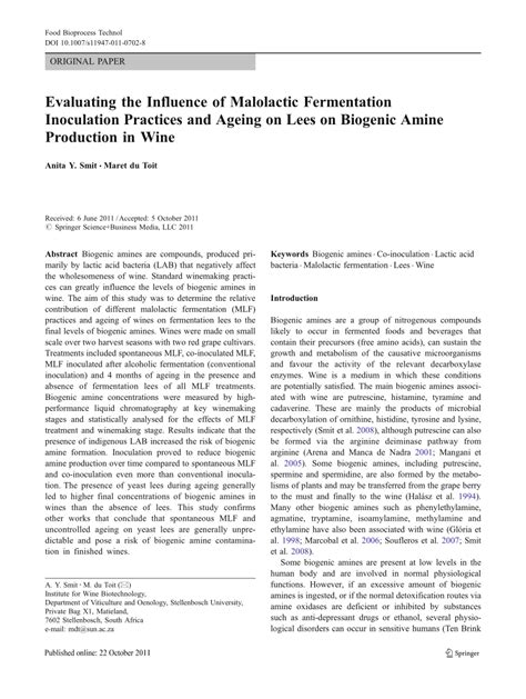 Pdf Evaluating The Influence Of Malolactic Fermentation Inoculation