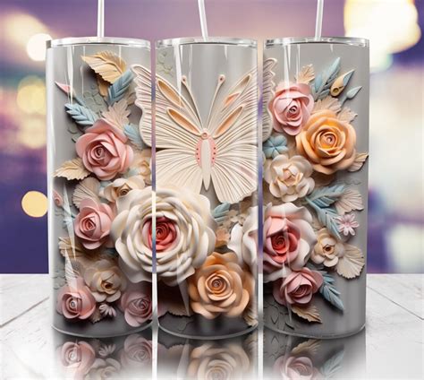 3d Pastel Flowers With Butterfly 20 Oz Skinny Tumbler Wrap Etsy