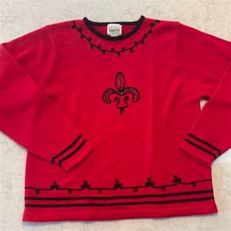 Leslie Fay Sweaters Vintage Red And Black Fleurdelis L Sweater By