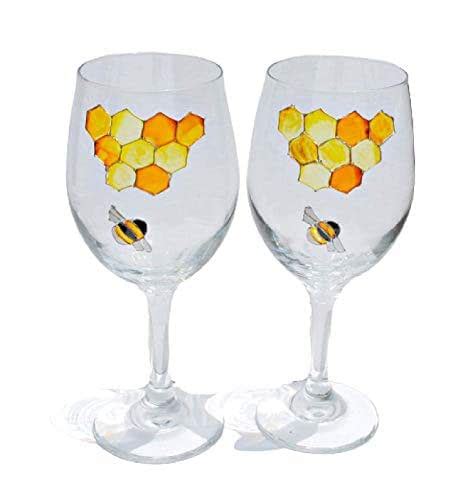 Amazon Honey Bee Honeycomb Hand Painted Stemmed Wine Glasses Set