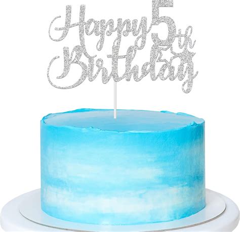 Silver Glitter Happy 5th Birthday Cake Topper 5th