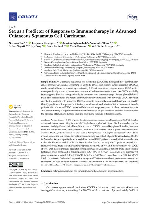 Pdf Sex As A Predictor Of Response To Immunotherapy In Advanced Cutaneous Squamous Cell Carcinoma