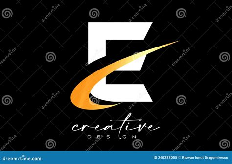 E Letter Logo Design With Creative Golden Swoosh Letter E Initial Icon