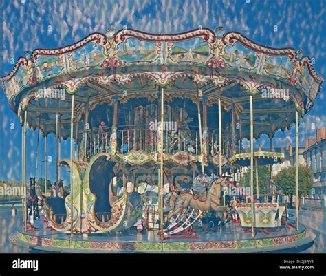 Brightly Colored Carousel Edited To Look Like A Painting Or Drawing