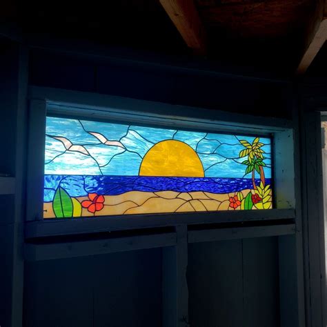 Palm Tree Flowers And Sunset Stained Glass In Front Of A Swimming Pool