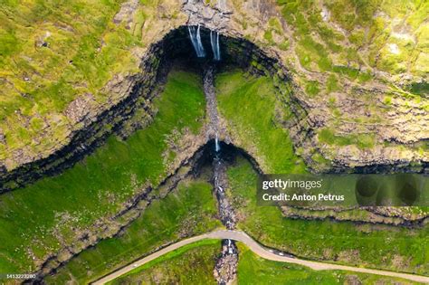 Aerial View Of The Fossa Waterfall At Sunset Faroe Islands Denmark High