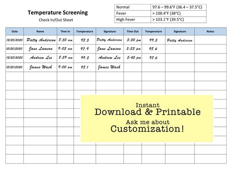 Temperature Recording Sheet Printable Forms Customizable Digital File