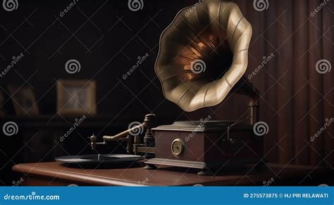 Old Antique Gramophone Or Phonograph And Black Music Notes In Dark