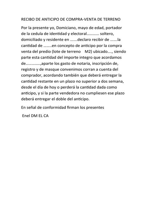 Recibo De Anticipo De Compra Pdf