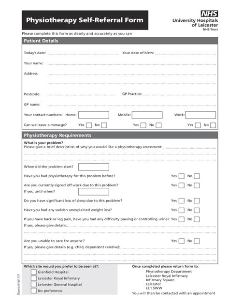 Fillable Online Physiotherapy Self Referral Form University Hospitals