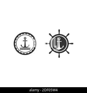 Nautical Labels Set Helm And Anchor Isolated On White Ship And Boat