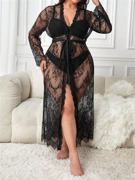 Plus Lace Belted Robe Without Lingerie Set SHEIN USA