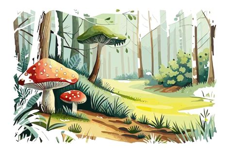 Uma Pintura Em Aquarela De Um Cogumelo Em Uma Floresta Vetor Premium