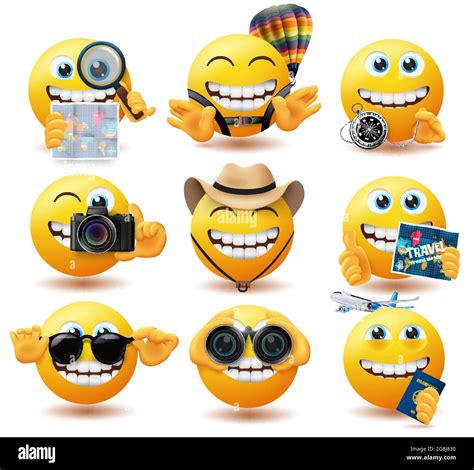 Emoji Reise Smiley Vektor Gesetzt Emoticon Reisende Charaktere Mit