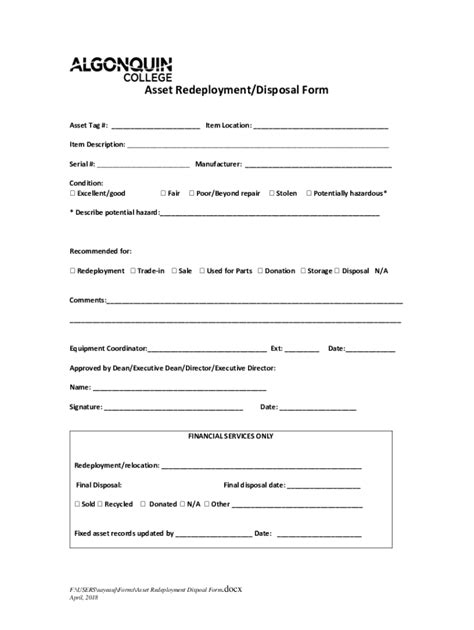 Fillable Online Asset Redeployment Disposal Form Algonquin College Fax