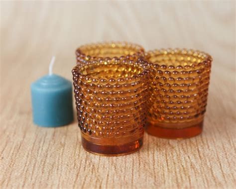 Vintage Amber Glass Hobnail Votive Candle Holders Set Of 3