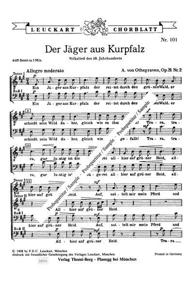 Der J Ger Aus Kurpfalz August Von Othegraven Sheet Music For Men S