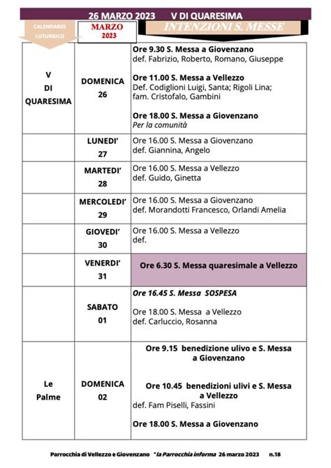 Calendario Liturgico Intenzioni S Messe Dal Marzo Al Aprile