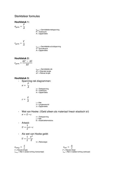 Formules Van Sterkteleer Tot En Met Hoofdstuk 12 Sterkteleer Formules