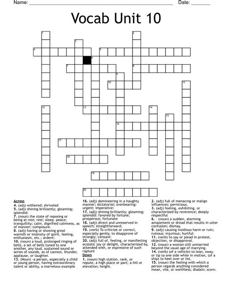 Vocab Unit 10 Crossword Wordmint