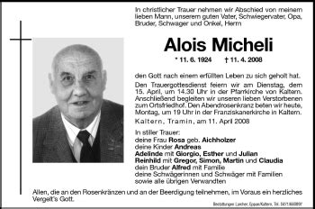 Traueranzeigen Von Alois Micheli Trauer Bz