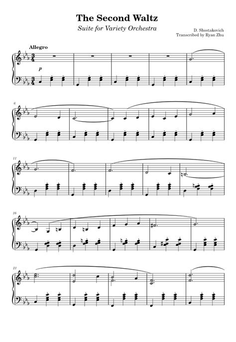 Shostakovich The Second Waltz Suite For Variety Orchestra Piano Arrangement Sheet Music