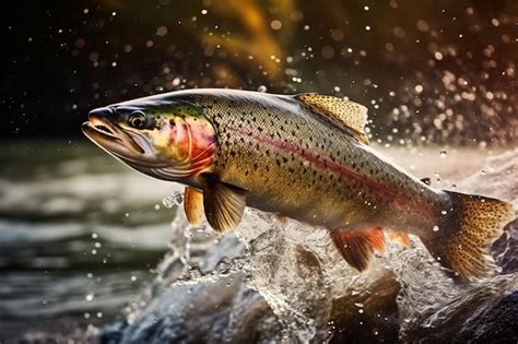 Premium AI Image Rainbow Trout Splashing In The River Fishing Fish