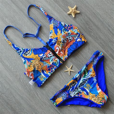 2017 Summer Women Sexy Backless Bikini Set Blue Zipper Swimsuit Push Up