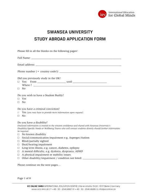 Fillable Online Swansea University Study Abroad Application Form Fax