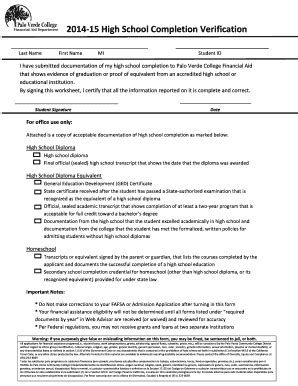 Fillable Online Paloverde High School Completion Verification Form