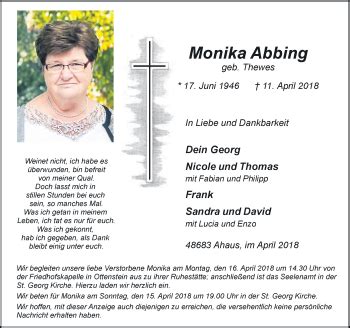 Traueranzeigen Von Monika Abbing Sich Erinnern De