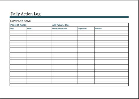 Action Log Template Excel Free - Printable Templates