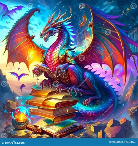 Illustration Of A Dragon Reading A Book On A Fantasy Background Ai