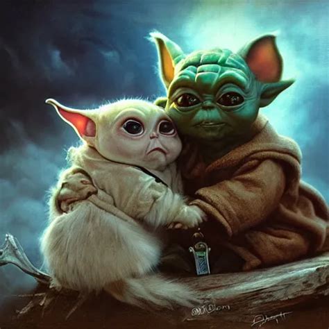 Gizmo Mogwai And Baby Yoda Are Best Friends Cinematic Stable Diffusion