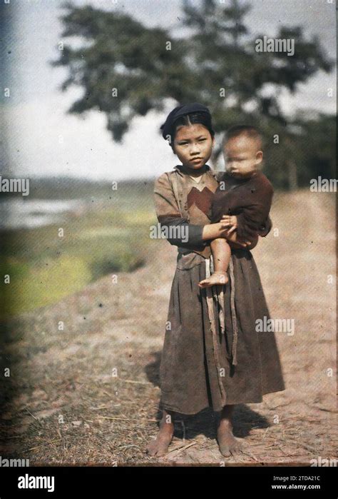 Tonkin Indochina A Little Girl Carrying A Little Boy Clothing Human