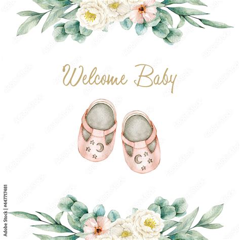 Watercolor Illustration Card Welcome Baby With Floral Composition And