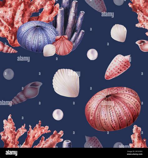 Watercolor Seamless Pattern With Corals Urchin Shells And Pearls