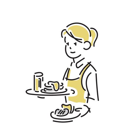 料理を運ぶ女性店員のイラスト