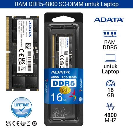 ADATA DDR5 4800 Mhz SO DIMM RAM Untuk Laptop 16GB Hitam Single Tray