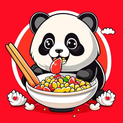 Um Panda Fofo Comendo Arroz De Frango Frito Em Um Grande Bo Vetor Premium