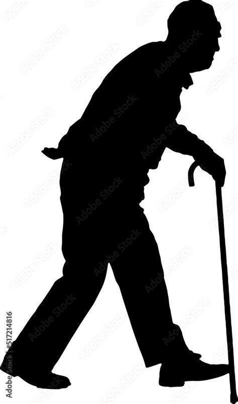 Silhouette Of Old Man Walking With Stick Stencil Vector Drawing Side