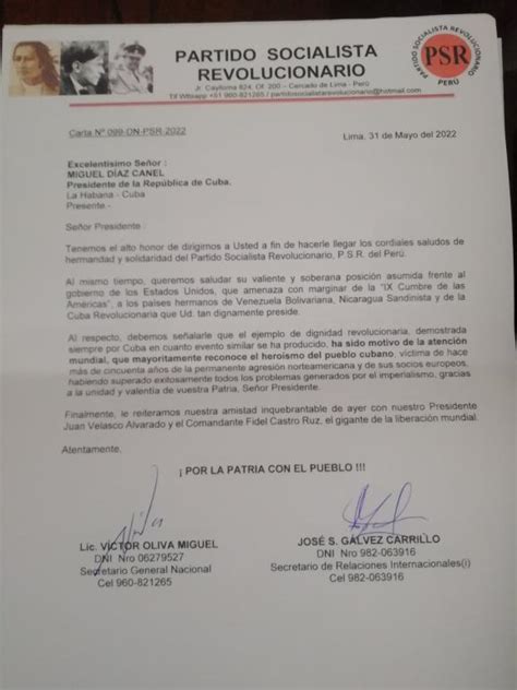 Carta de Apoyo del Partido Socialista Revolucionario del Perú al