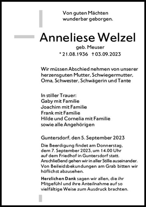 Traueranzeigen Von Anneliese Welzel Vrm Trauer De